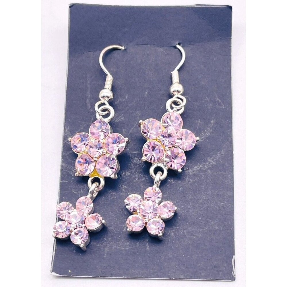 Flower Drop Pierced Earrings Silver Tone Pink Rhinestone Floral Garden Glam - Picture 2 of 6